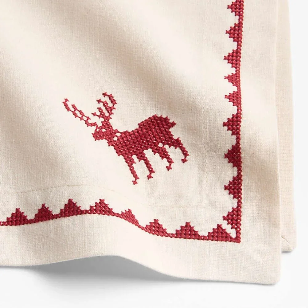 Crate & Barrel Red Cross Stitch Holiday Reindeer Dinner Napkins, Set of 4